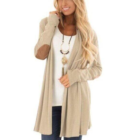 Leo Rosi Womens Carmen Cardigan Sweater Waffle Knit Elbow Patch Beige Small - Picture 2 of 7